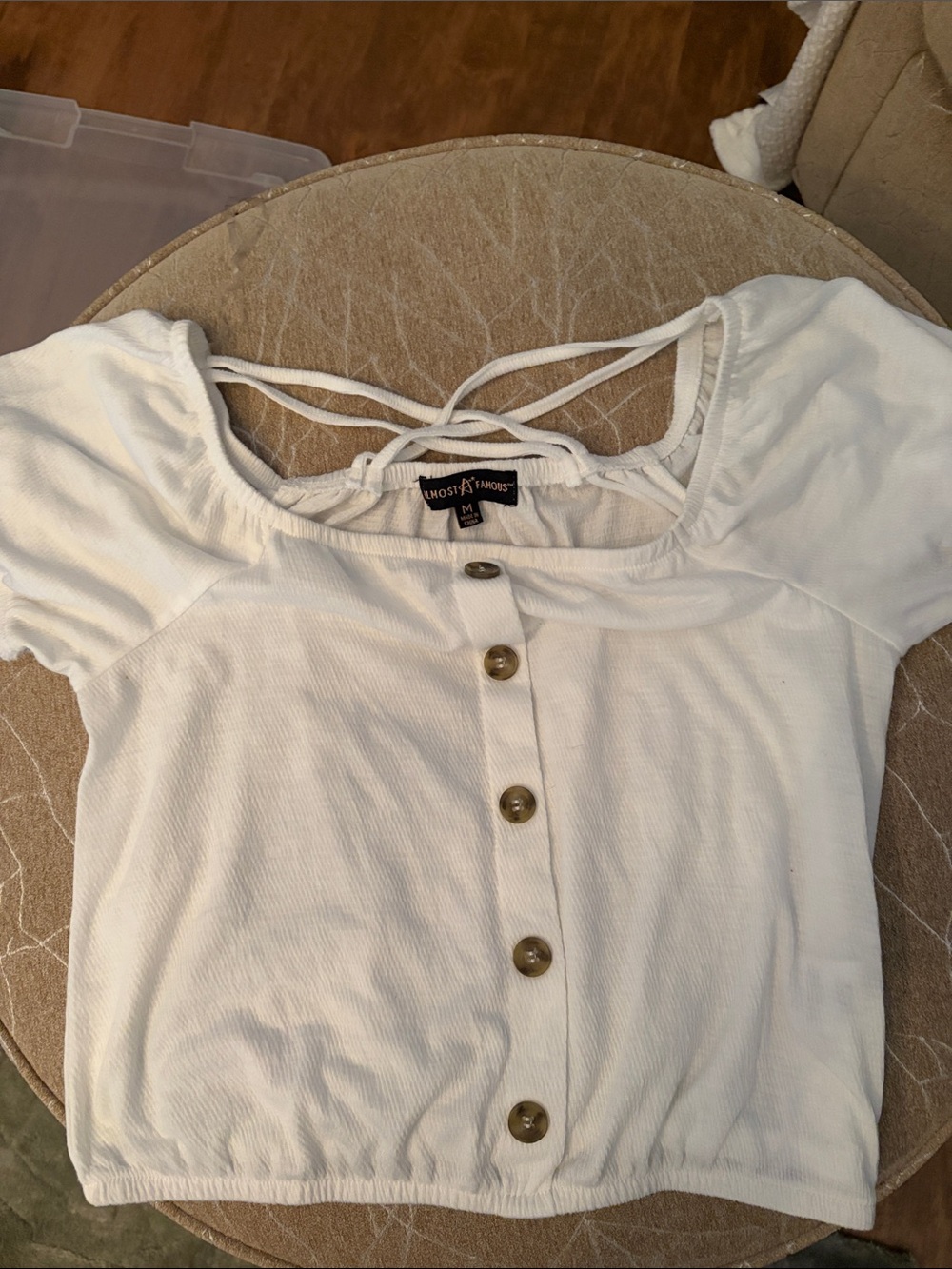 Almost Famous White Ribbed Button-Front Crop Top with Back Tie